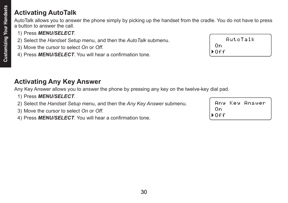 Activating autotalk, Activating any key answer, Activating.autotalk activating.any.key.answer | Uniden DECT1580 Series User Manual | Page 30 / 76
