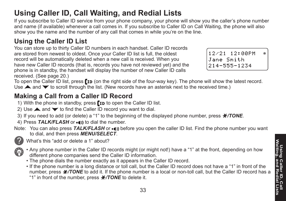 Using caller id, call waiting, and redial lists, Using the caller id list, Making a call from a caller id record | Uniden DECT1580 Series User Manual | Page 33 / 76