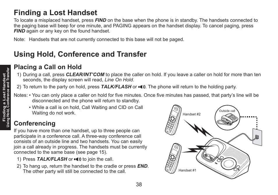 Finding a lost handset, Using hold, conference and transfer, Placing a call on hold | Conferencing, Placing.a.call.on.hold conferencing | Uniden DECT1580 Series User Manual | Page 38 / 76