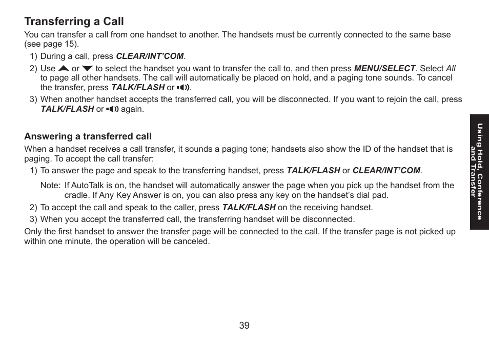 Transferring a call, Answering a transferred call, Transferring.a.call | Answering.a.transferred.call | Uniden DECT1580 Series User Manual | Page 39 / 76