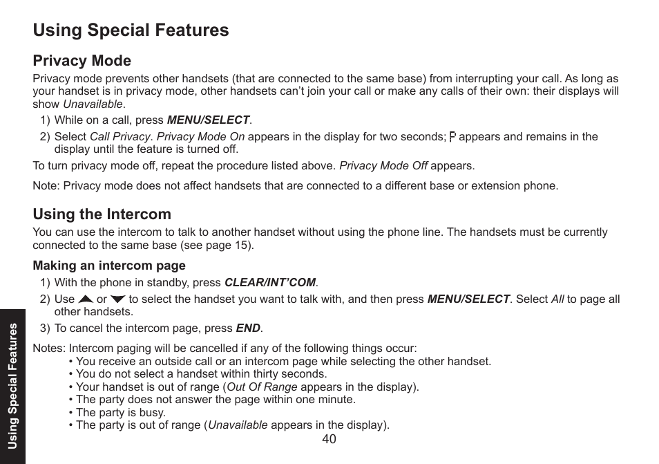 Using special features, Privacy mode, Using the intercom | Privacy.mode using.the.intercom | Uniden DECT1580 Series User Manual | Page 40 / 76