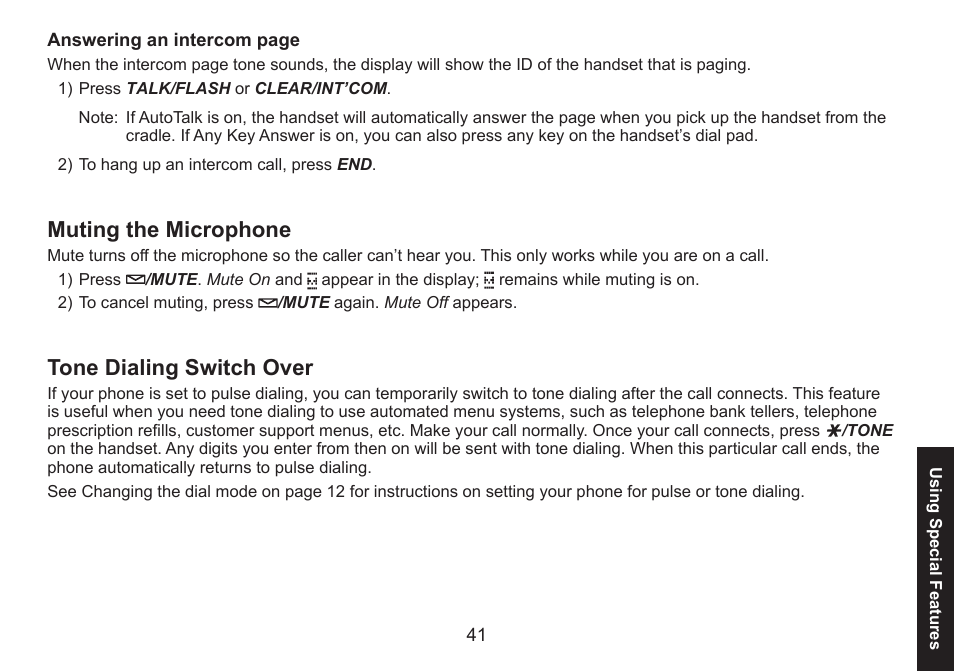 Muting the microphone, Tone dialing switch over, Muting.the.microphone tone.dialing.switch.over | Uniden DECT1580 Series User Manual | Page 41 / 76