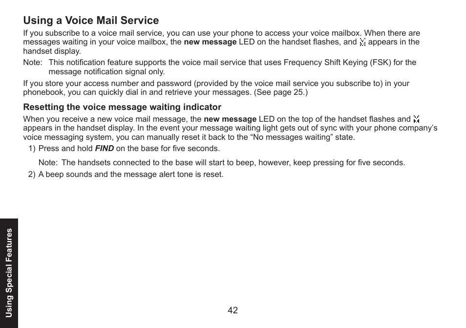 Using a voice mail service, Resetting the voice message waiting indicator, Using.a.voice.mail.service | Resetting.the.voice.message.waiting.indicator | Uniden DECT1580 Series User Manual | Page 42 / 76