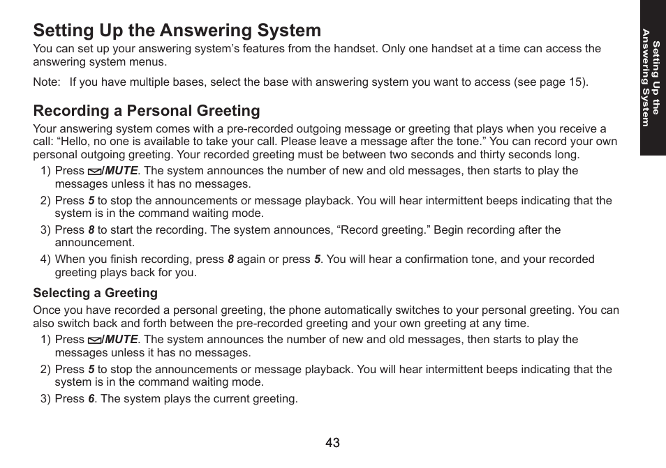 Setting up the answering system, Recording a personal greeting, Selecting a greeting | Recording.a.personal.greeting, Selecting.a.greeting | Uniden DECT1580 Series User Manual | Page 43 / 76