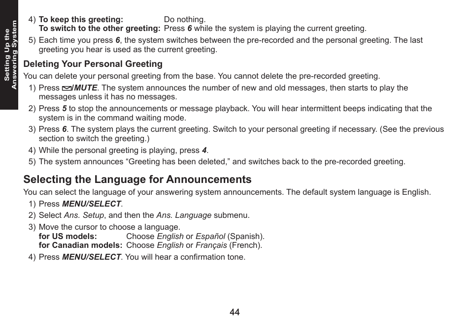 Deleting your personal greeting, Selecting the language for announcements, Deleting.your.personal.greeting | Selecting.the.language.for.announcements | Uniden DECT1580 Series User Manual | Page 44 / 76