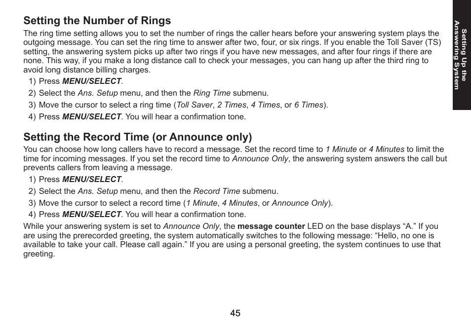 Setting the number of rings, Setting the record time (or announce only) | Uniden DECT1580 Series User Manual | Page 45 / 76
