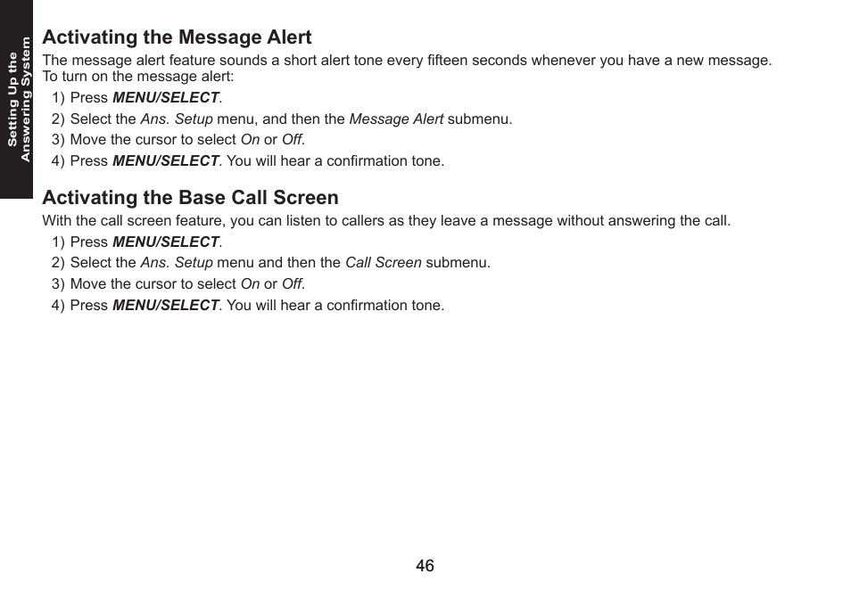 Activating the message alert, Activating the base call screen, Activating.the.message.alert | Activating.the.base.call.screen | Uniden DECT1580 Series User Manual | Page 46 / 76