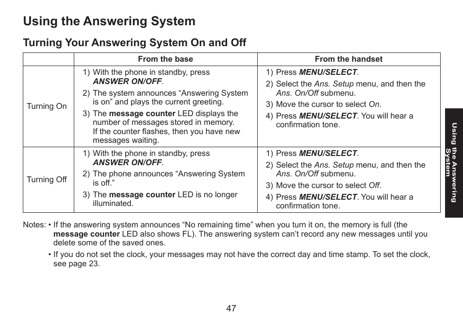 Using the answering system, Turning your answering system on and off, Turning.your.answering.system.on.and.off | Uniden DECT1580 Series User Manual | Page 47 / 76
