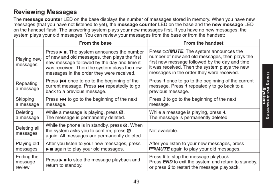 Reviewing messages, Reviewing.messages | Uniden DECT1580 Series User Manual | Page 49 / 76