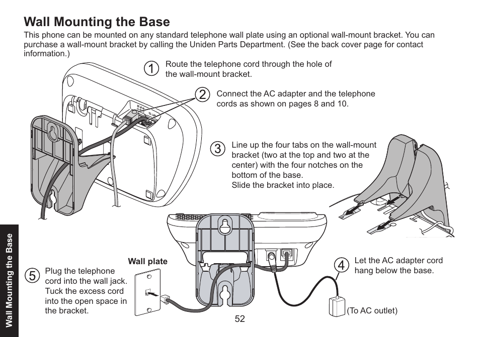 Wall mounting the base | Uniden DECT1580 Series User Manual | Page 52 / 76