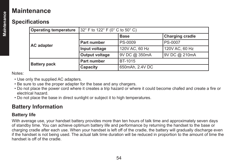 Maintenance, Specifications, Battery information | Battery life, Specifications battery.information, Battery.life | Uniden DECT1580 Series User Manual | Page 54 / 76