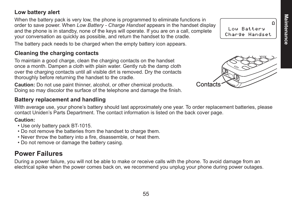 Low battery alert, Cleaning the charging contacts, Battery replacement and handling | Power failures, Power.failures | Uniden DECT1580 Series User Manual | Page 55 / 76