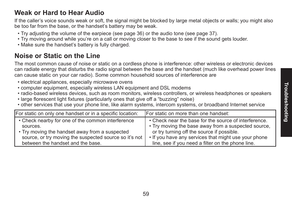Weak or hard to hear audio, Noise or static on the line, Noise.or.static.on.the.line | Weak.or.hard.to.hear.audio | Uniden DECT1580 Series User Manual | Page 59 / 76