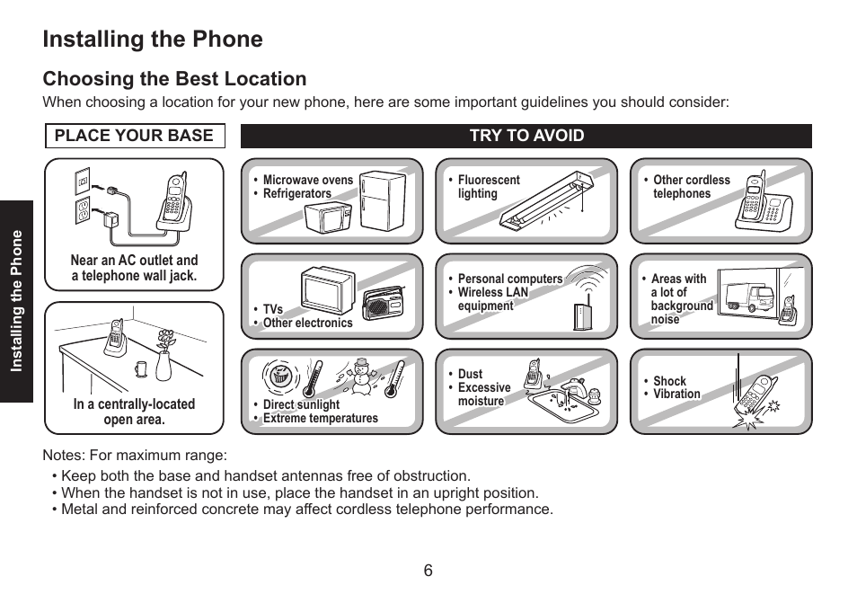 Installing the phone, Choosing the best location, Choosing.the.best.location | Uniden DECT1580 Series User Manual | Page 6 / 76