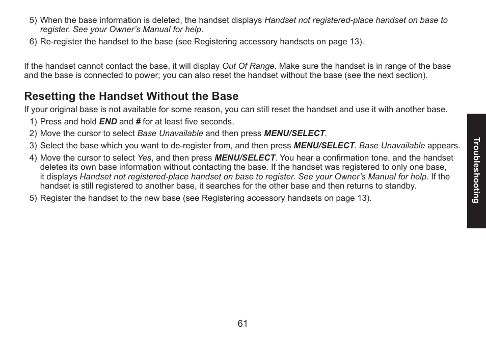 Resetting the handset without the base, Resetting.the.handset.without.the.base | Uniden DECT1580 Series User Manual | Page 61 / 76