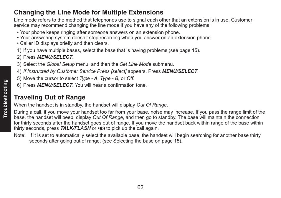 Changing the line mode for multiple extensions, Traveling out of range | Uniden DECT1580 Series User Manual | Page 62 / 76