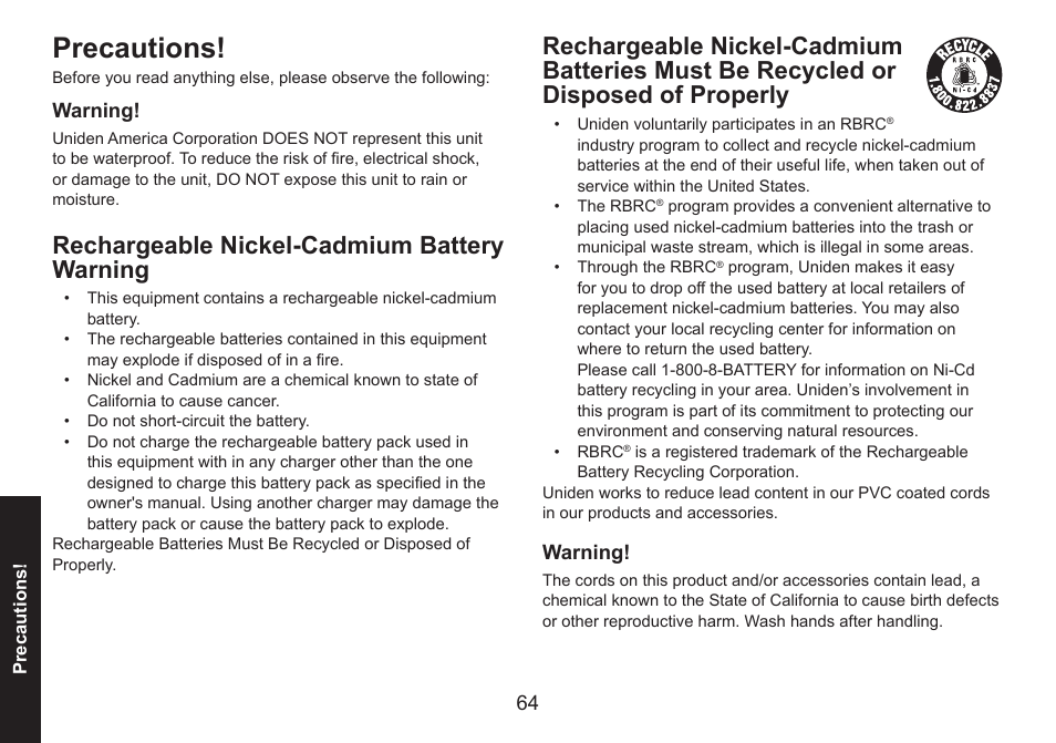 Precautions, Rechargeable nickel-cadmium batterywarning, Recycled.or.disposed.of.properly | Rechargeable nickel-cadmium battery warning | Uniden DECT1580 Series User Manual | Page 64 / 76