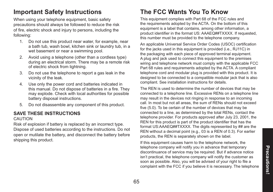 Important safety instructions, The fcc wants you to know | Uniden DECT1580 Series User Manual | Page 65 / 76