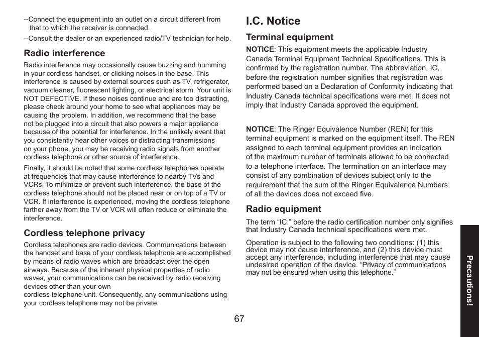 Radio interference, Cordless telephone privacy, I.c. notice | Terminal equipment, Radio equipment, Radio.interference cordless.telephone.privacy, I.c..notice, Terminal.equipment radio.equipment | Uniden DECT1580 Series User Manual | Page 67 / 76