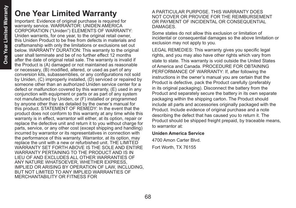 One year limited warranty | Uniden DECT1580 Series User Manual | Page 68 / 76