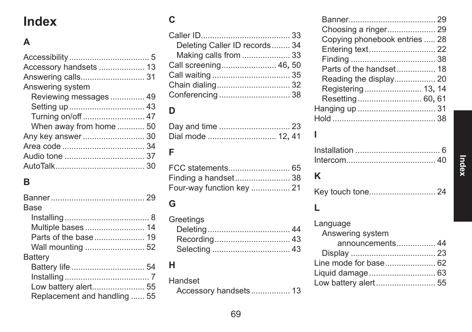 Index | Uniden DECT1580 Series User Manual | Page 69 / 76
