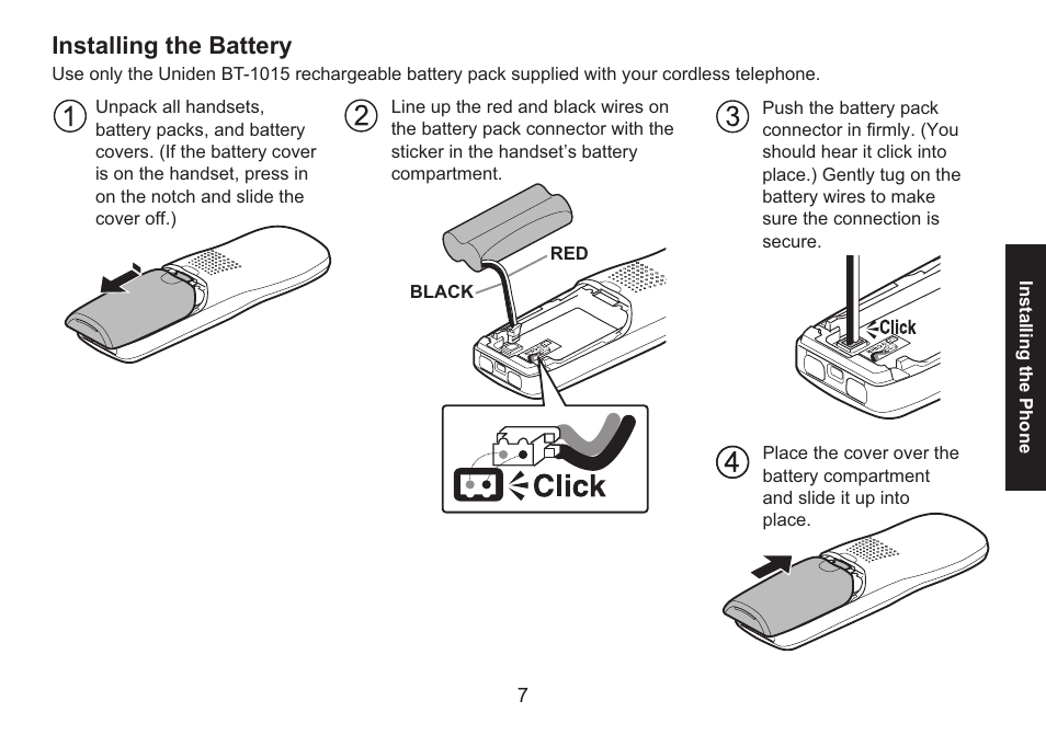 Installing the battery, Installing.the.battery | Uniden DECT1580 Series User Manual | Page 7 / 76