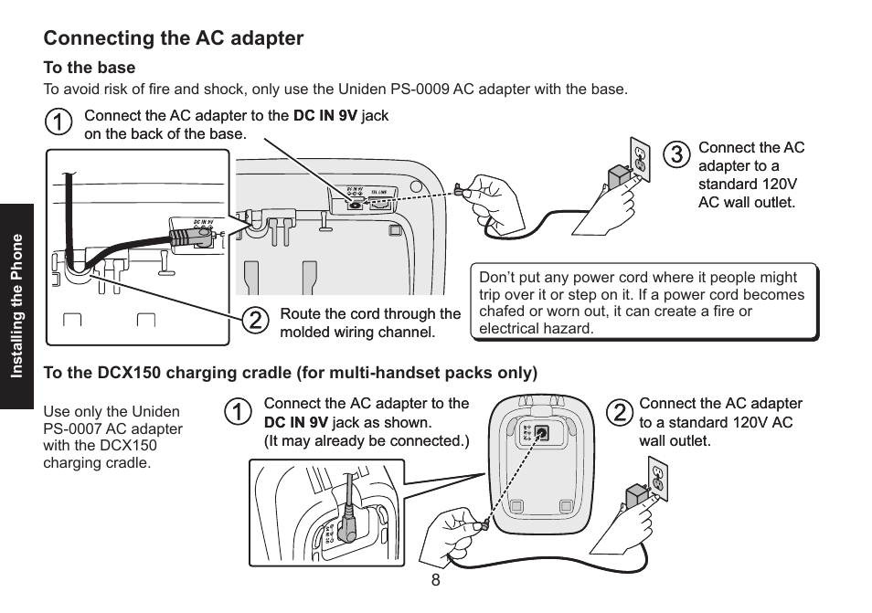 Connecting the ac adapter, Connecting.the.ac.adapter, To.the.base to.the.charging.cradle | For.multi-handset.packs.only) | Uniden DECT1580 Series User Manual | Page 8 / 76
