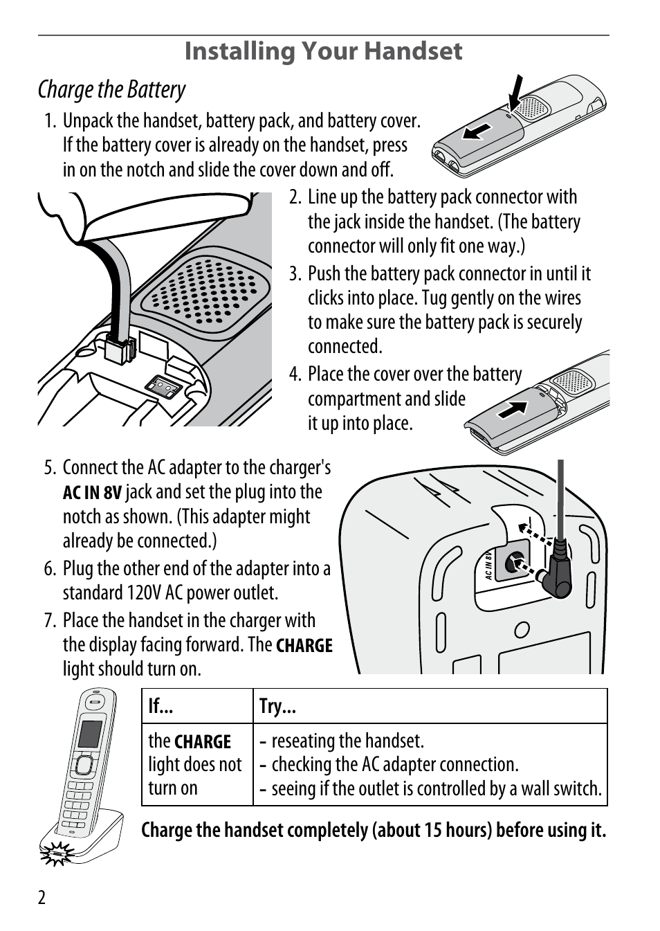 Installing your handset charge the battery | Uniden BT-1018 User Manual | Page 2 / 8