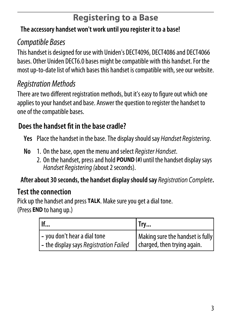 Registering to a base, Compatible bases, Registration methods | Uniden BT-1018 User Manual | Page 3 / 8