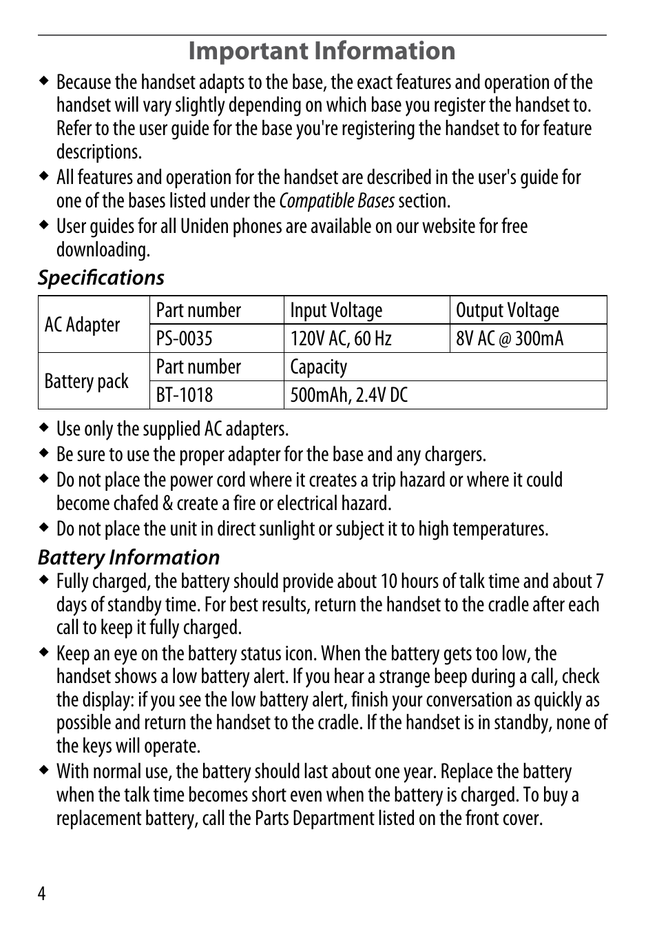 Important information | Uniden BT-1018 User Manual | Page 4 / 8