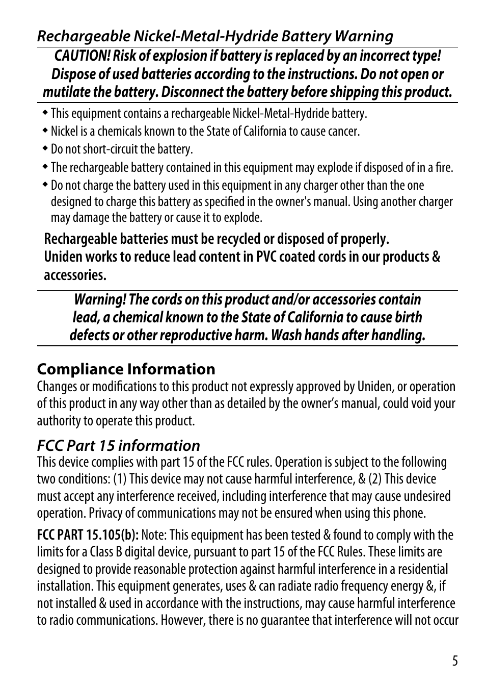Fcc part 15 information | Uniden BT-1018 User Manual | Page 5 / 8