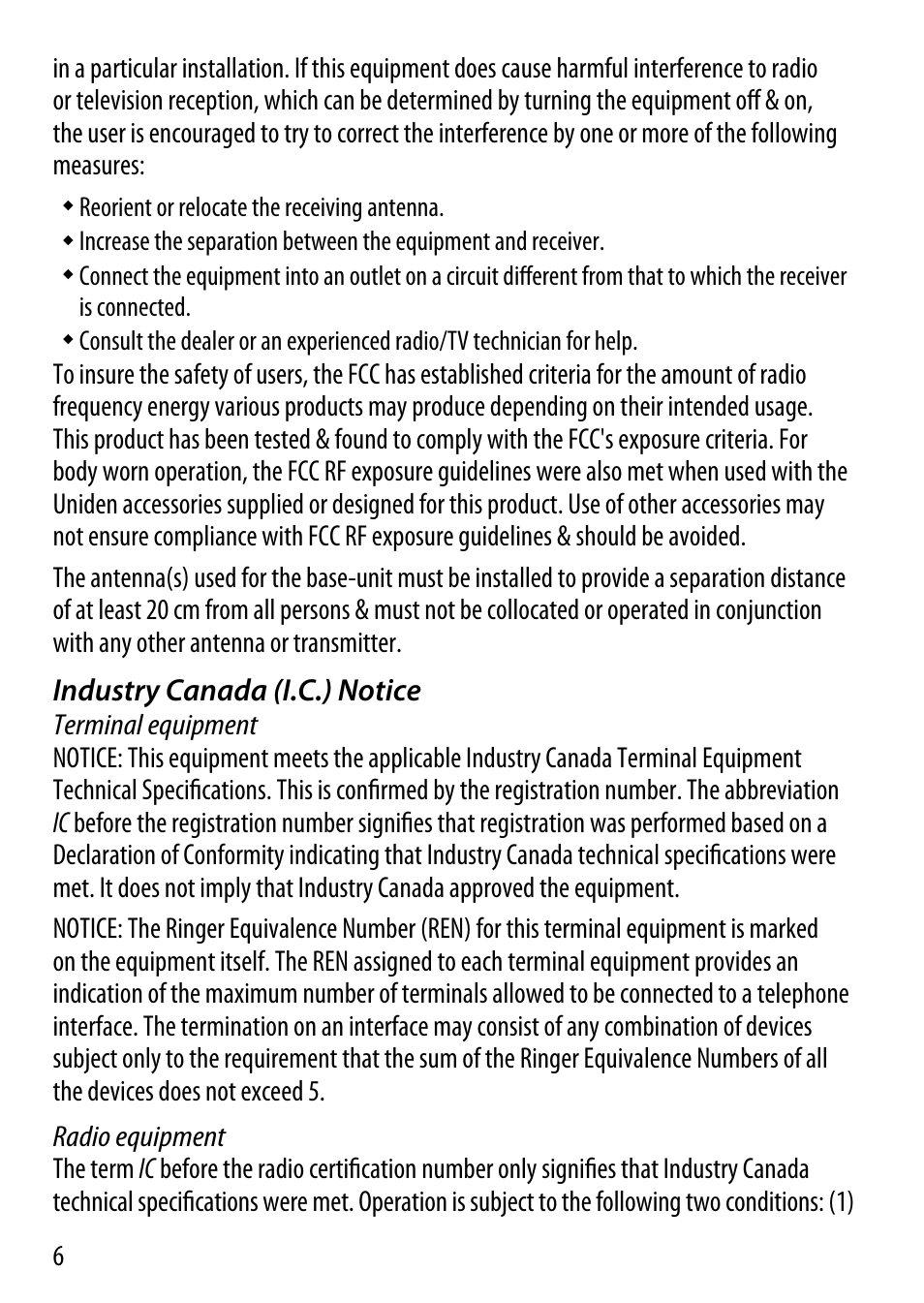 Industry canada (i.c.) notice | Uniden BT-1018 User Manual | Page 6 / 8