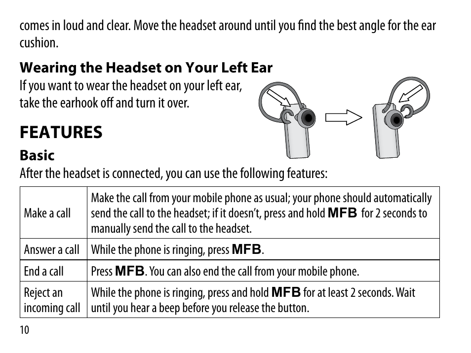 Wearing the headset, On your left ear, Features | Basic | Uniden BT230 User Manual | Page 10 / 20