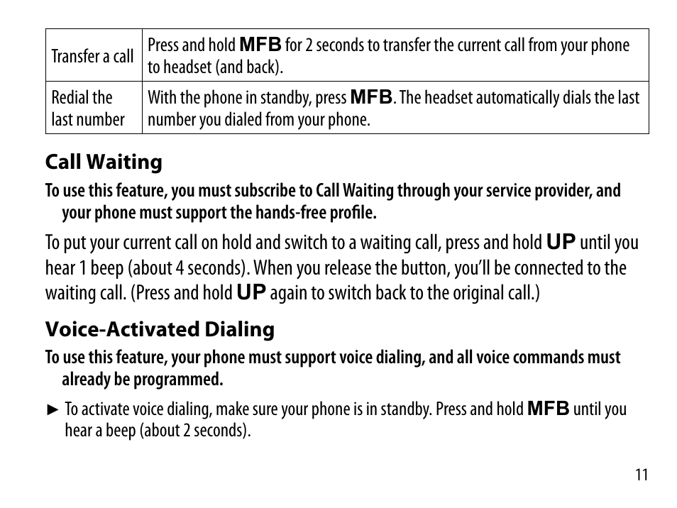 Call waiting, Voice-activated dialing | Uniden BT230 User Manual | Page 11 / 20