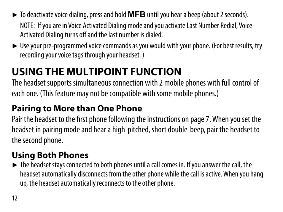 Using the multipoint, Function, Pairing to more than | One phone, Using both phones, Using the multipoint function | Uniden BT230 User Manual | Page 12 / 20