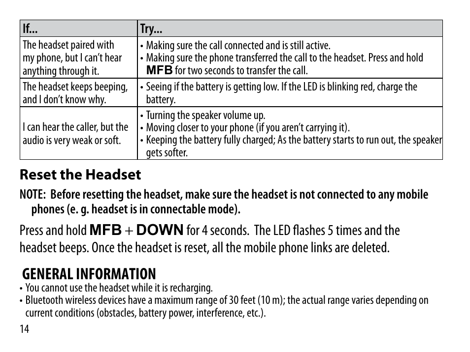 Reset the headset, General information | Uniden BT230 User Manual | Page 14 / 20