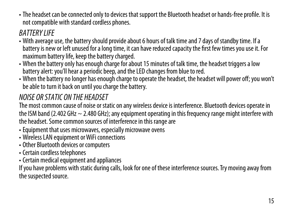 Battery life, Noise or static on the headset | Uniden BT230 User Manual | Page 15 / 20