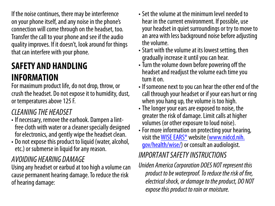 Safety and handling information, Cleaning the headset, Avoiding hearing damage | Important safety instructions | Uniden BT230 User Manual | Page 16 / 20