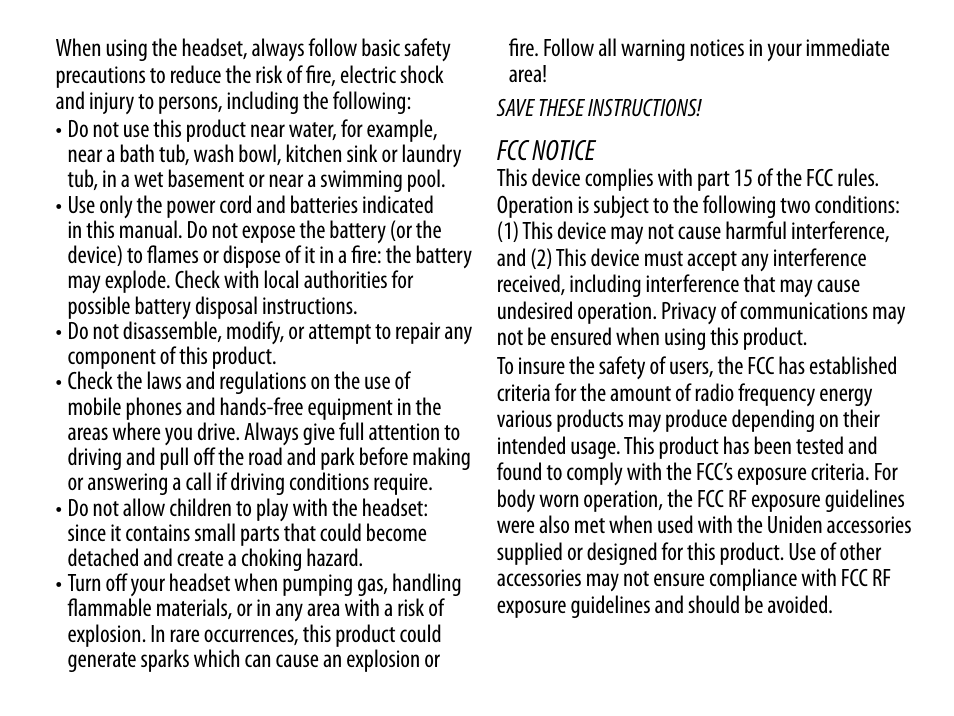 Fcc notice | Uniden BT230 User Manual | Page 17 / 20