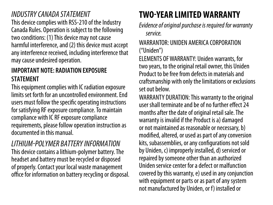 Two-year limited warranty, Industry canada statement, Lithium-polymer battery information | Uniden BT230 User Manual | Page 18 / 20