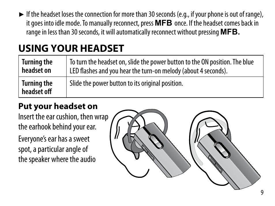 Using your headset, Put your headset on | Uniden BT230 User Manual | Page 9 / 20