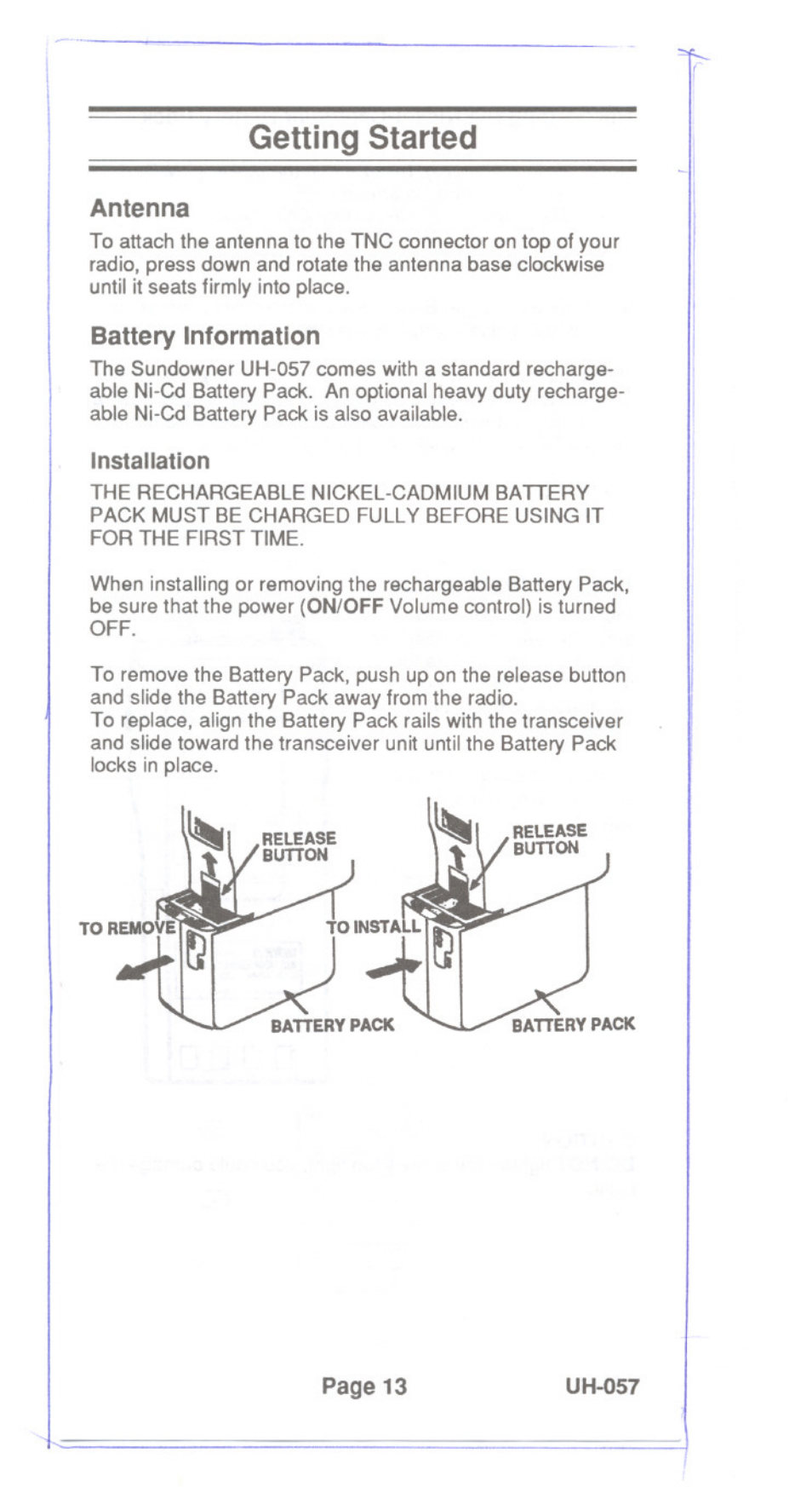 Getting started, Antenna, Battery information | Installation | Uniden UH-057 User Manual | Page 15 / 44