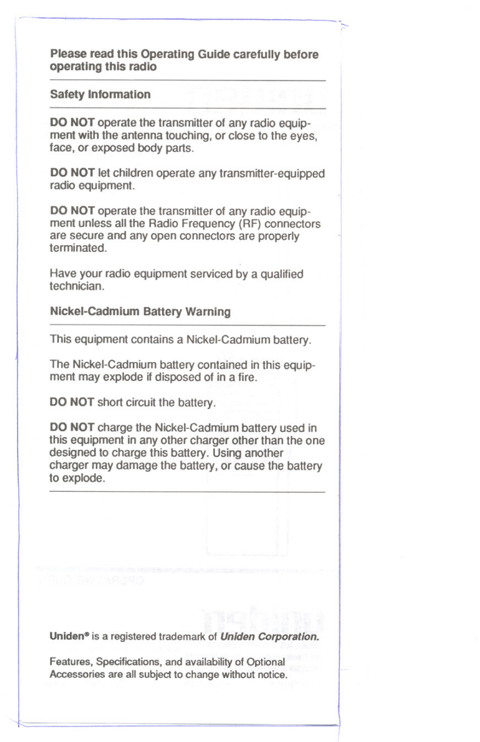 Safety information, Nickel-cadmium battery warning | Uniden UH-057 User Manual | Page 2 / 44