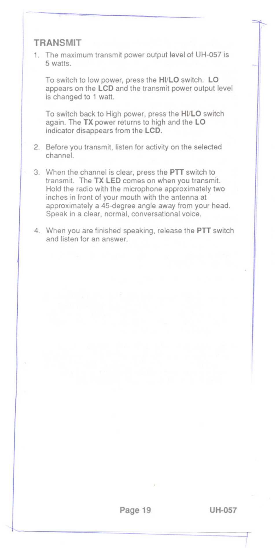 Transmit | Uniden UH-057 User Manual | Page 21 / 44