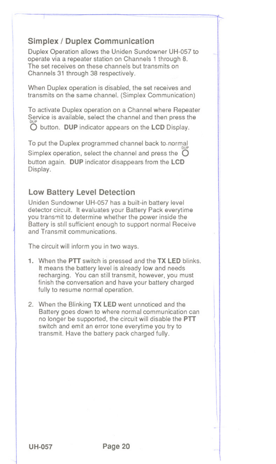 Simplex / duplex communication, Low battery level detection | Uniden UH-057 User Manual | Page 22 / 44