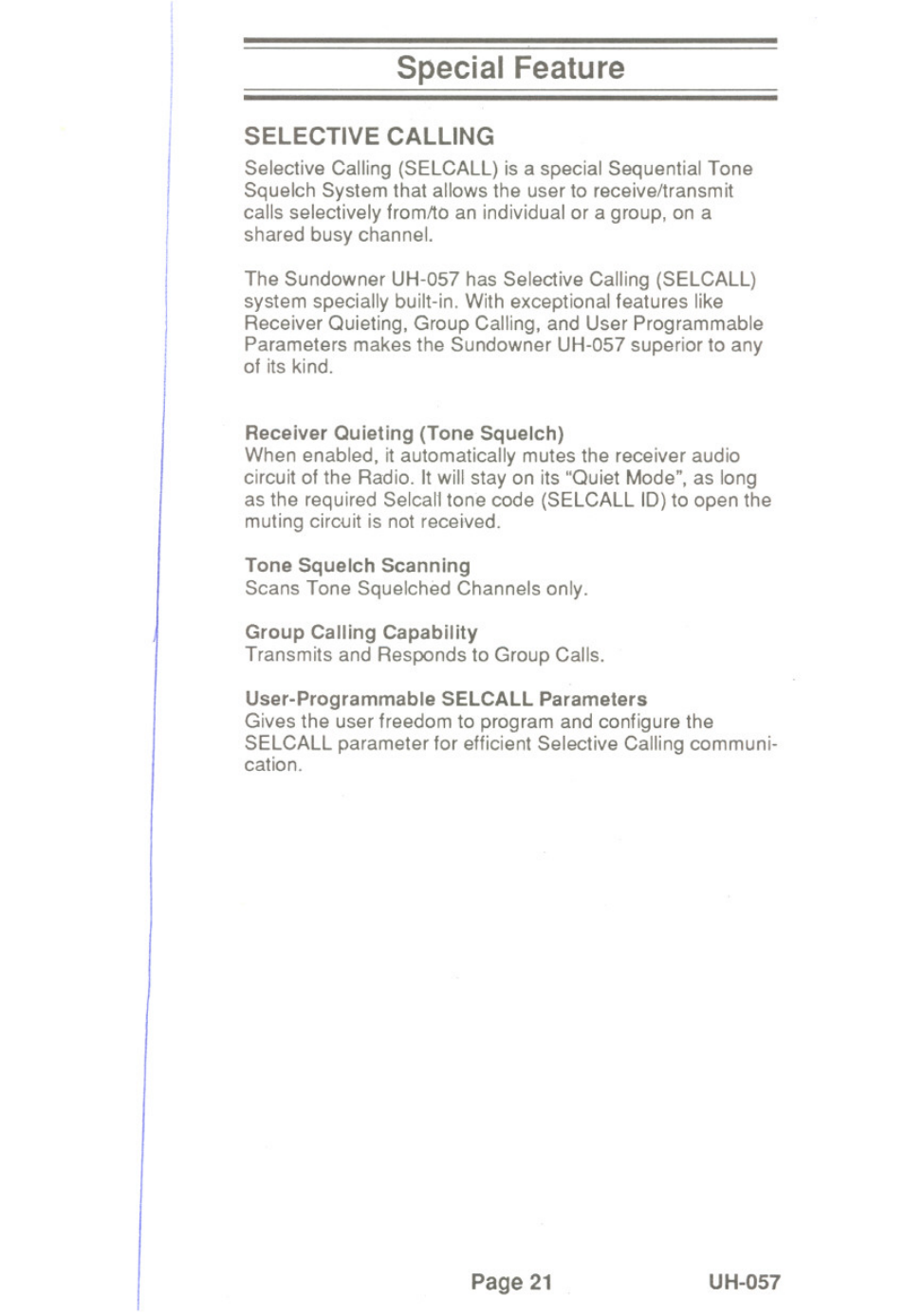 Special feature, Selective calling | Uniden UH-057 User Manual | Page 23 / 44