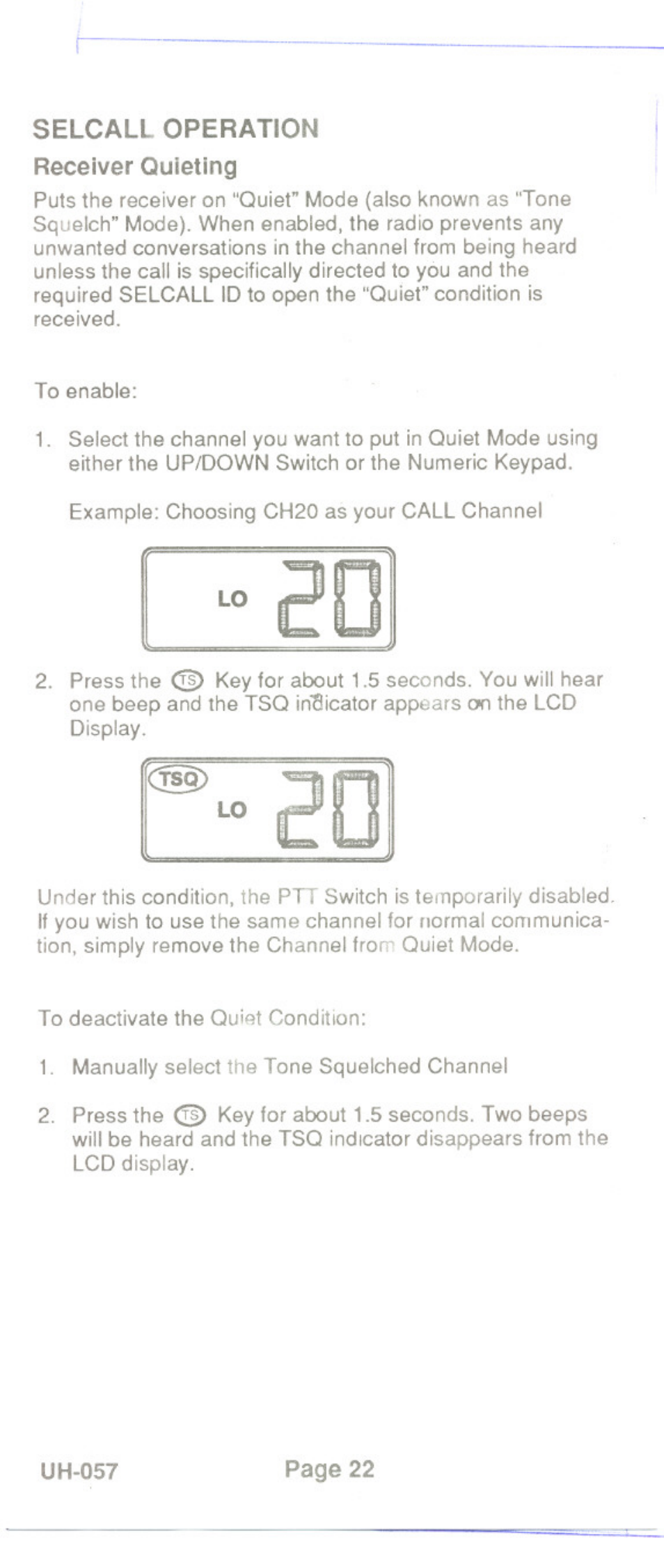 Selcall operation receiver quieting | Uniden UH-057 User Manual | Page 24 / 44