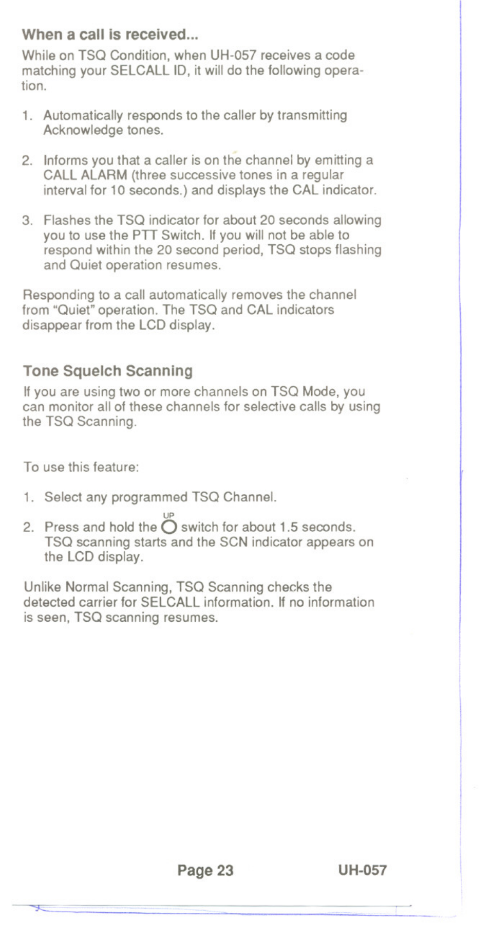 When a call is received, Tone squelch scanning | Uniden UH-057 User Manual | Page 25 / 44