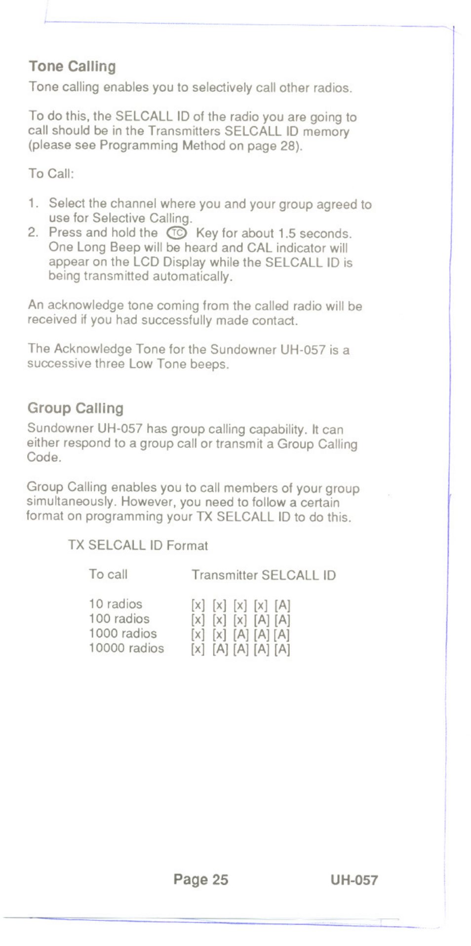 Group calling, Tone calling | Uniden UH-057 User Manual | Page 27 / 44