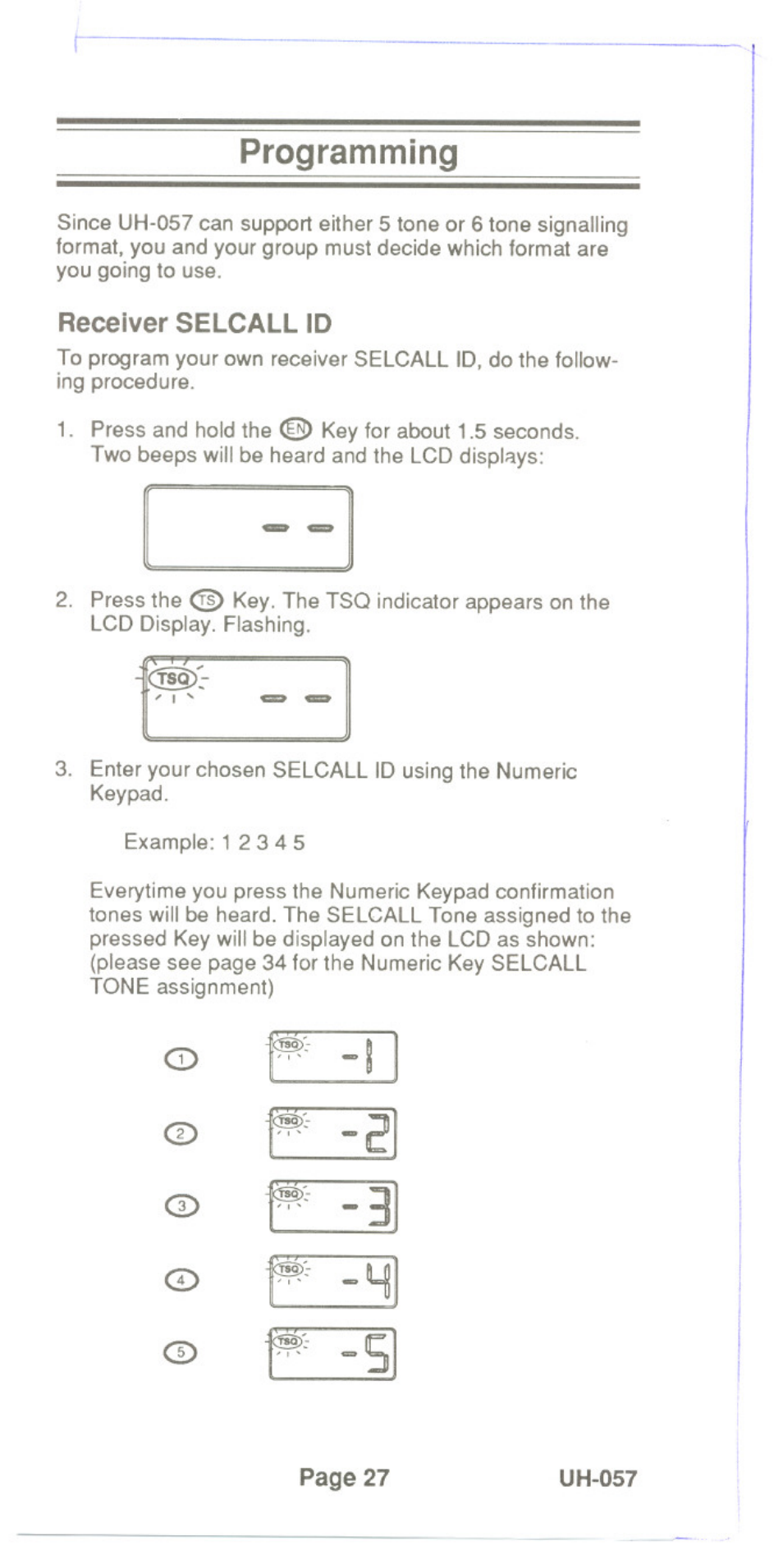 Programming, Receiver selcall id | Uniden UH-057 User Manual | Page 29 / 44